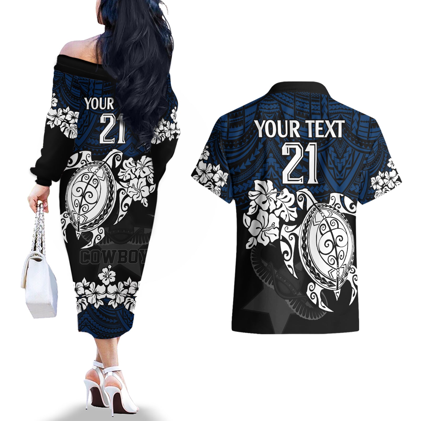 custom-cowboys-rugby-couples-matching-off-the-shoulder-long-sleeve-dress-and-hawaiian-shirt-hibiscus-and-turtle-with-polynesian-pattern