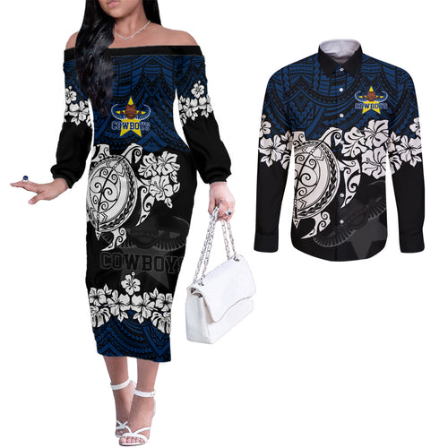 custom-cowboys-rugby-couples-matching-off-the-shoulder-long-sleeve-dress-and-long-sleeve-button-shirt-hibiscus-and-turtle-with-polynesian-pattern
