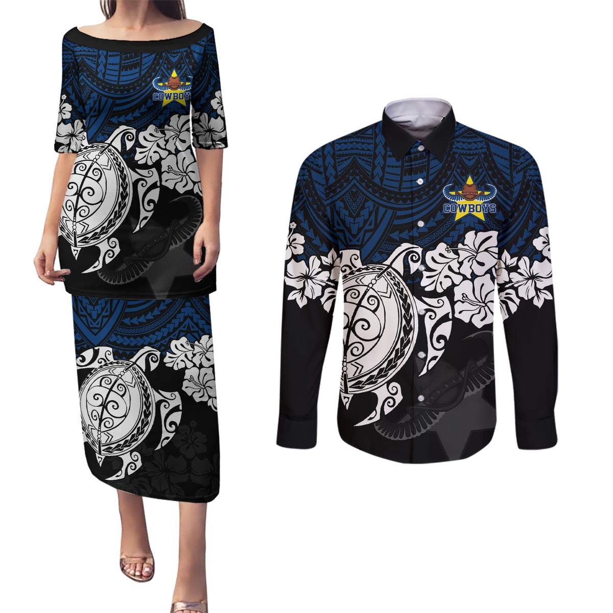 custom-cowboys-rugby-couples-matching-puletasi-dress-and-long-sleeve-button-shirt-hibiscus-and-turtle-with-polynesian-pattern