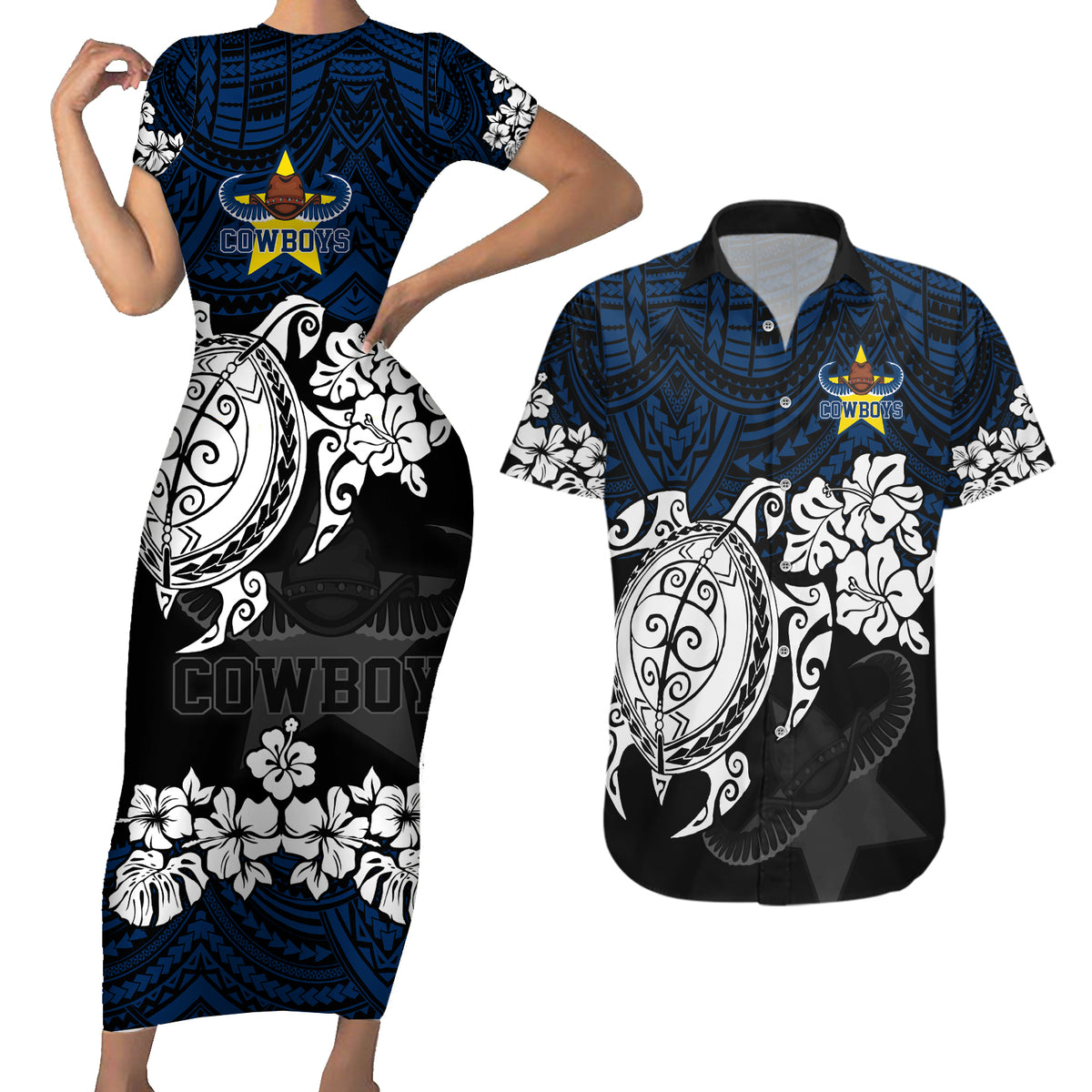 custom-cowboys-rugby-couples-matching-short-sleeve-bodycon-dress-and-hawaiian-shirt-hibiscus-and-turtle-with-polynesian-pattern