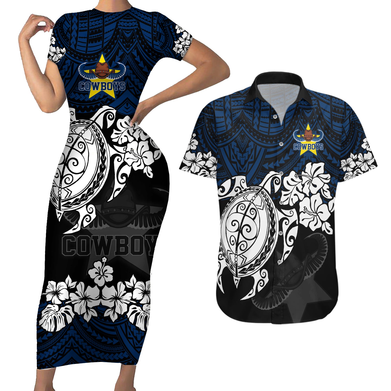 custom-cowboys-rugby-couples-matching-short-sleeve-bodycon-dress-and-hawaiian-shirt-hibiscus-and-turtle-with-polynesian-pattern