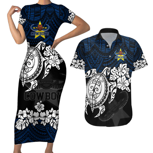 custom-cowboys-rugby-couples-matching-short-sleeve-bodycon-dress-and-hawaiian-shirt-hibiscus-and-turtle-with-polynesian-pattern