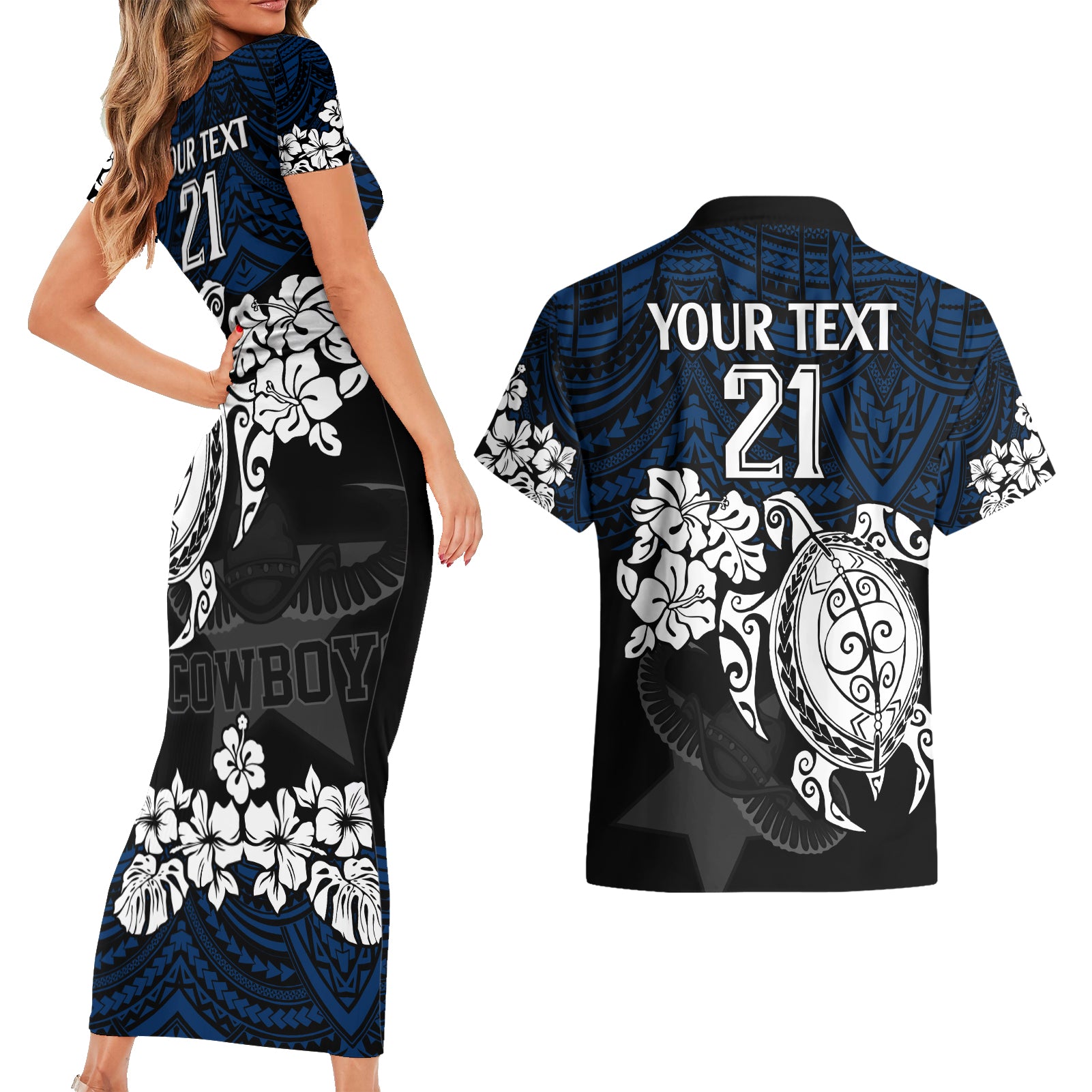 custom-cowboys-rugby-couples-matching-short-sleeve-bodycon-dress-and-hawaiian-shirt-hibiscus-and-turtle-with-polynesian-pattern