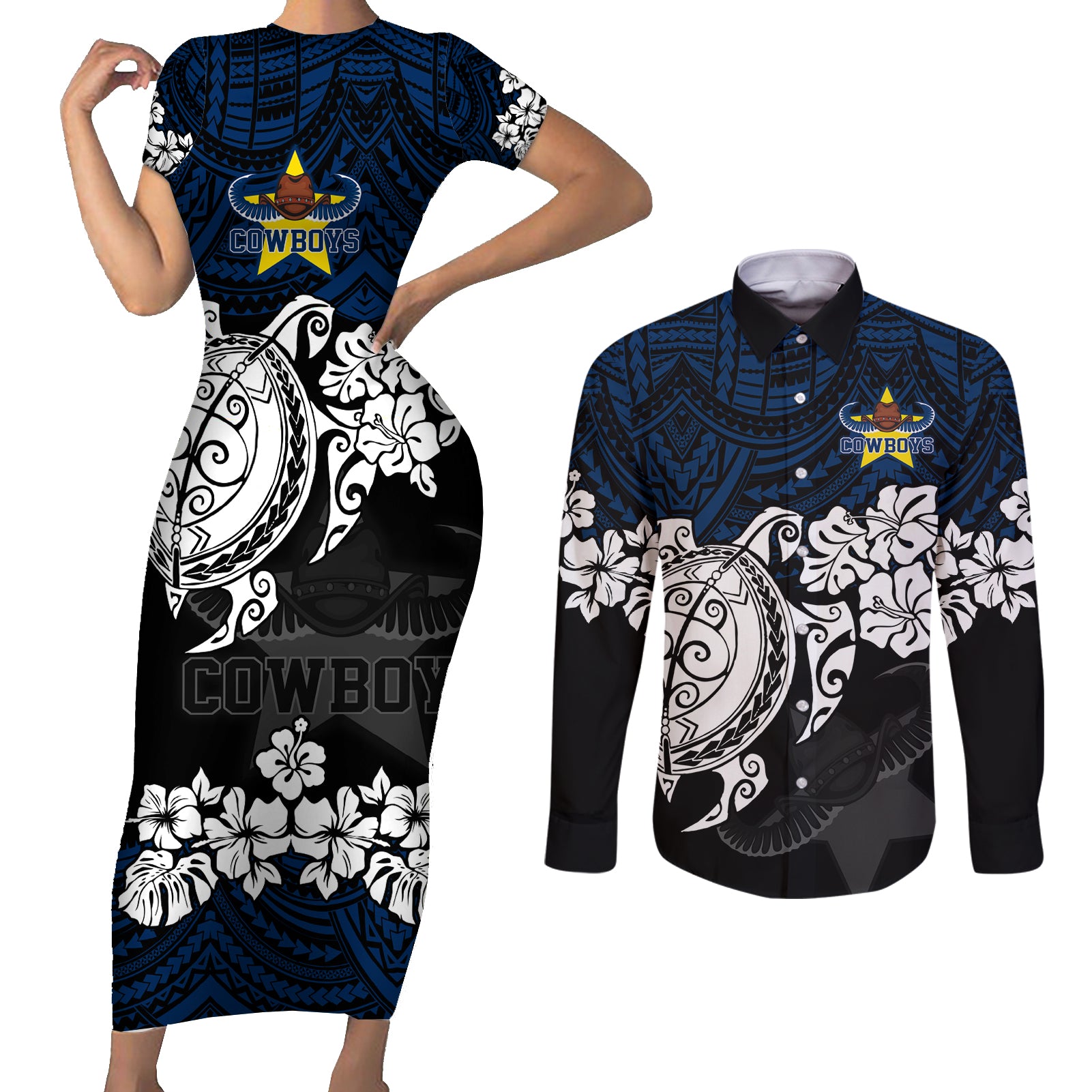 custom-cowboys-rugby-couples-matching-short-sleeve-bodycon-dress-and-long-sleeve-button-shirt-hibiscus-and-turtle-with-polynesian-pattern