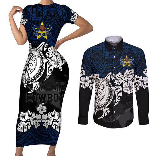 custom-cowboys-rugby-couples-matching-short-sleeve-bodycon-dress-and-long-sleeve-button-shirt-hibiscus-and-turtle-with-polynesian-pattern