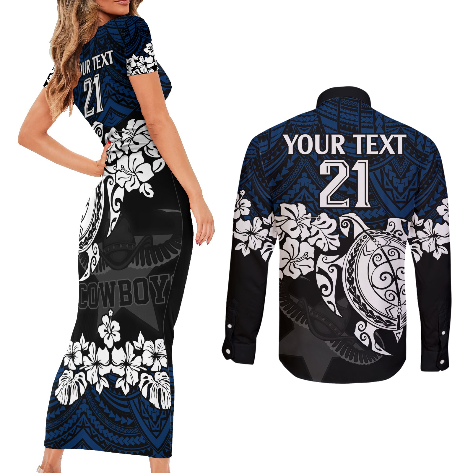 custom-cowboys-rugby-couples-matching-short-sleeve-bodycon-dress-and-long-sleeve-button-shirt-hibiscus-and-turtle-with-polynesian-pattern