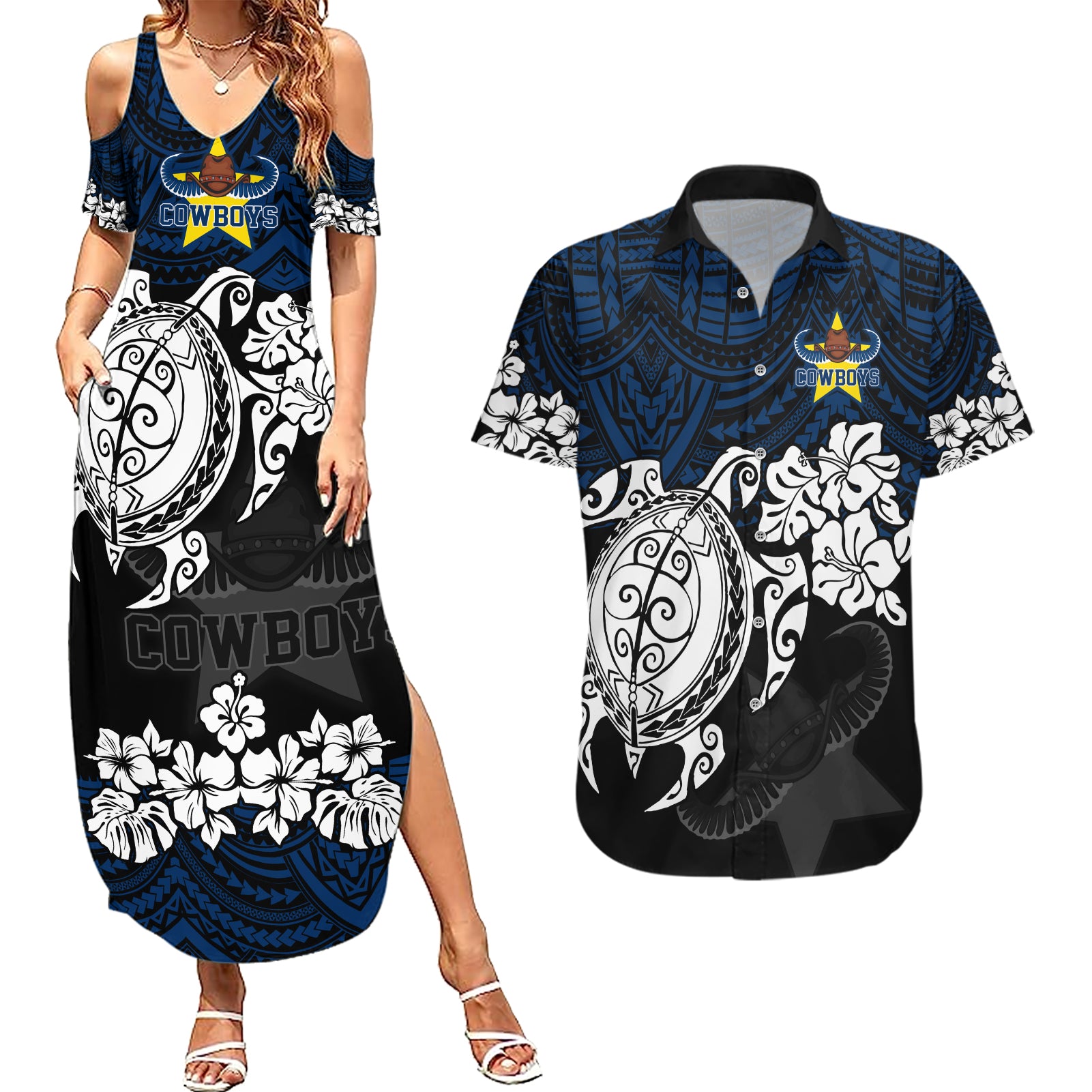 custom-cowboys-rugby-couples-matching-summer-maxi-dress-and-hawaiian-shirt-hibiscus-and-turtle-with-polynesian-pattern