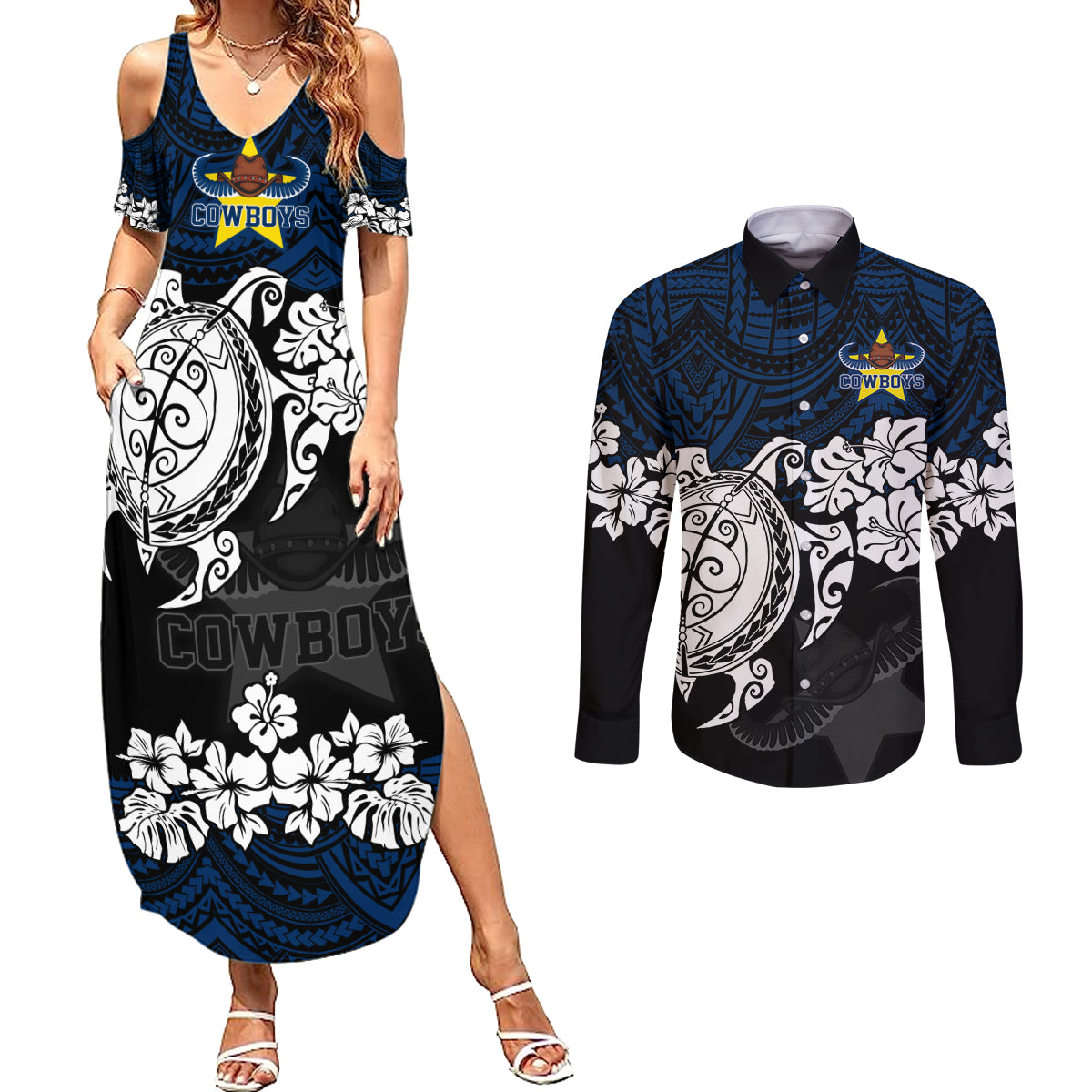 custom-cowboys-rugby-couples-matching-summer-maxi-dress-and-long-sleeve-button-shirt-hibiscus-and-turtle-with-polynesian-pattern