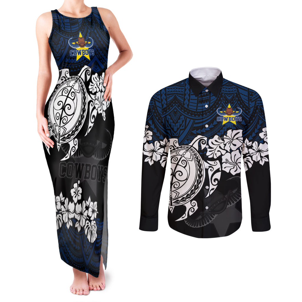 custom-cowboys-rugby-couples-matching-tank-maxi-dress-and-long-sleeve-button-shirt-hibiscus-and-turtle-with-polynesian-pattern