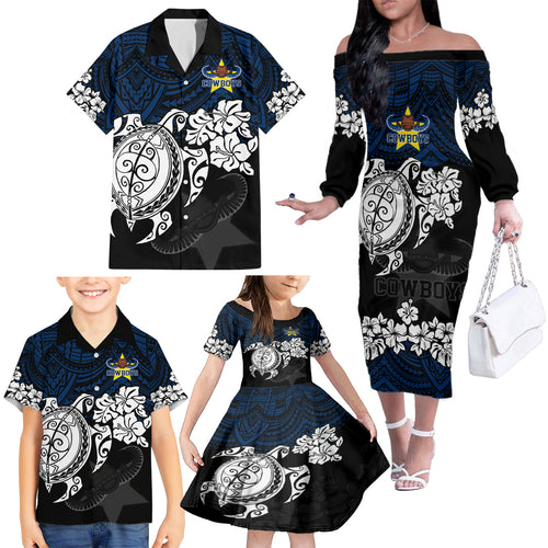 custom-cowboys-rugby-family-matching-off-shoulder-long-sleeve-dress-and-hawaiian-shirt-hibiscus-and-turtle-with-polynesian-pattern