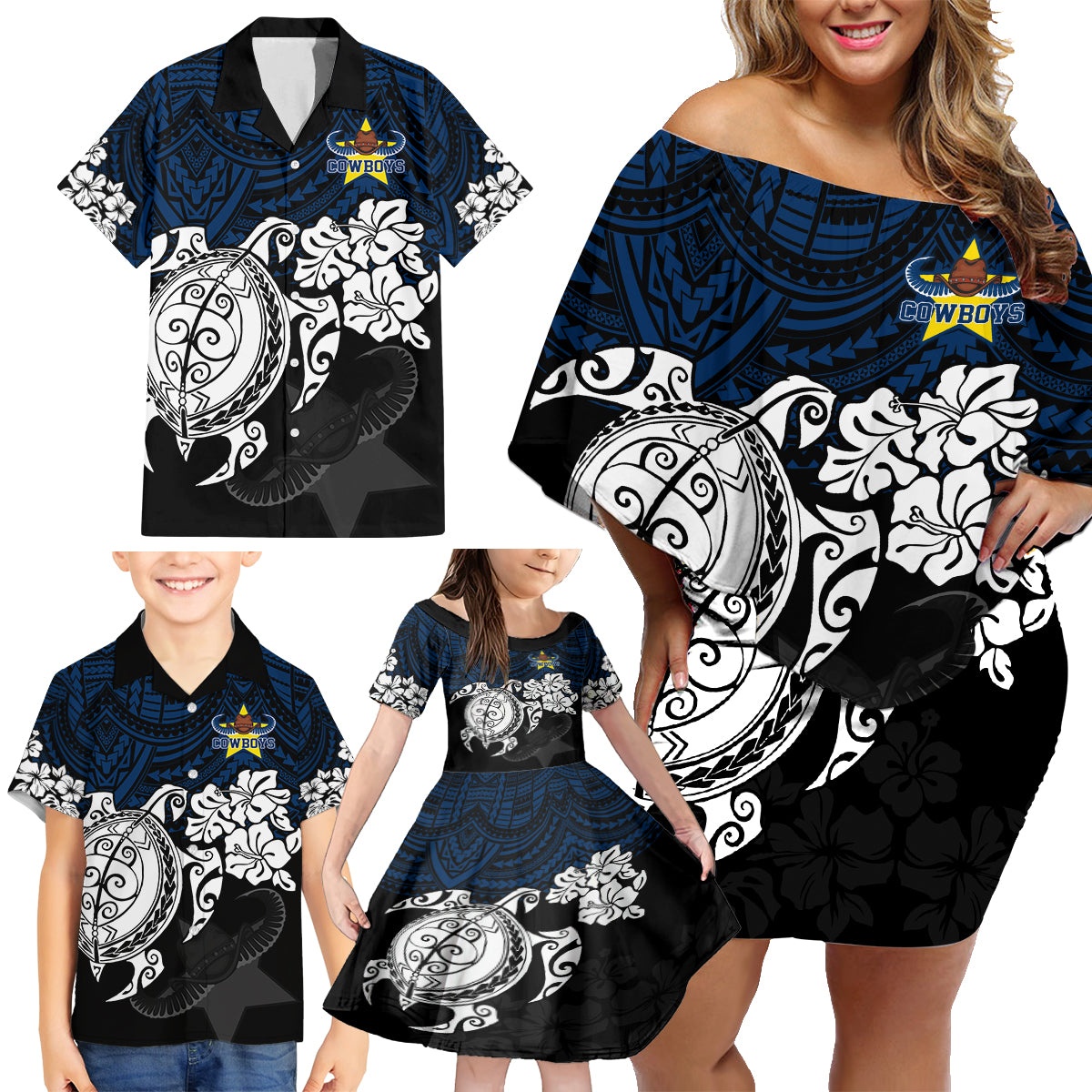 custom-cowboys-rugby-family-matching-off-shoulder-short-dress-and-hawaiian-shirt-hibiscus-and-turtle-with-polynesian-pattern