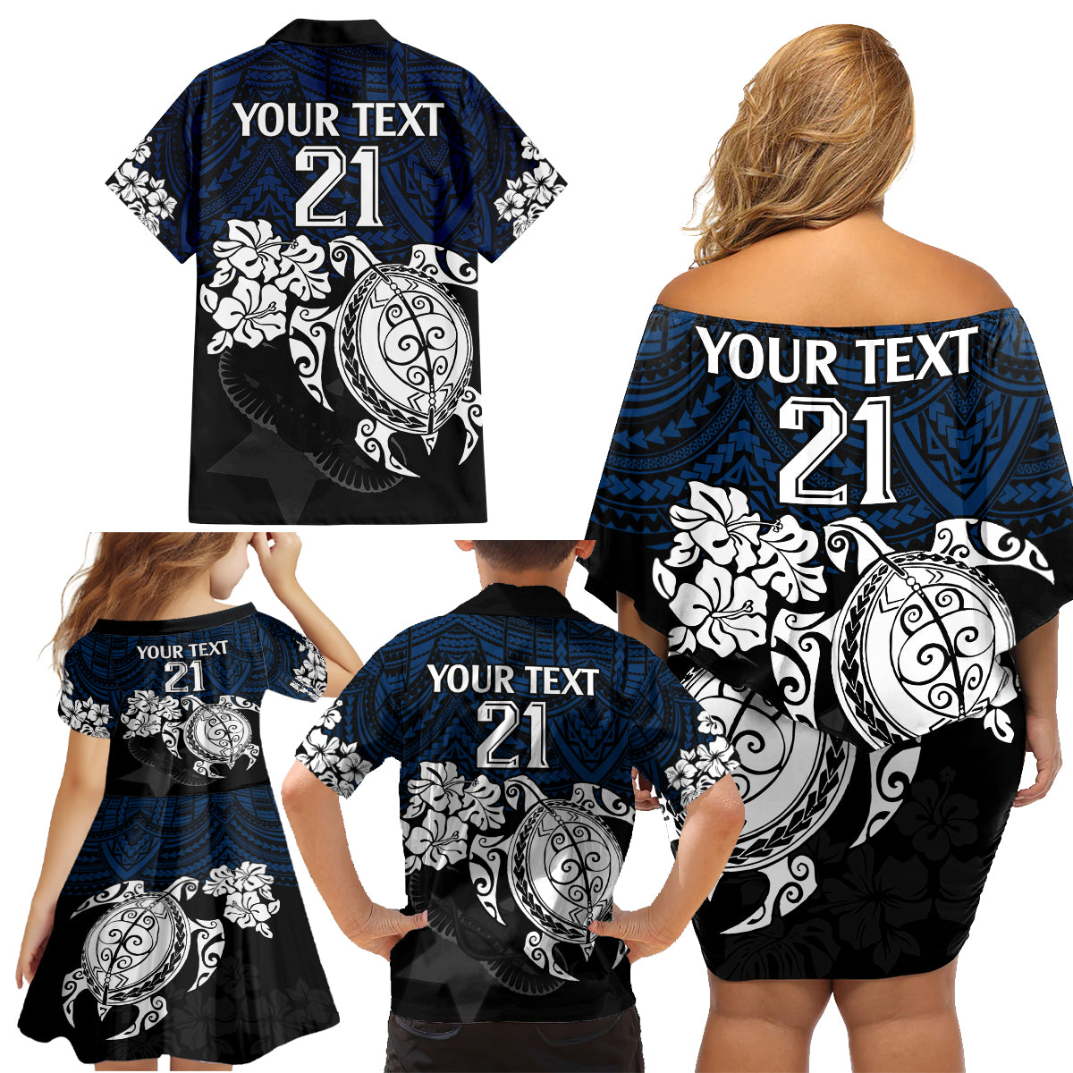 custom-cowboys-rugby-family-matching-off-shoulder-short-dress-and-hawaiian-shirt-hibiscus-and-turtle-with-polynesian-pattern