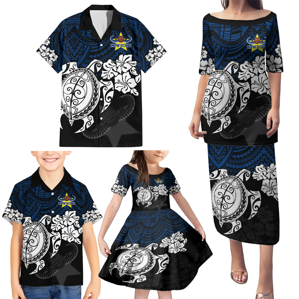 custom-cowboys-rugby-family-matching-puletasi-dress-and-hawaiian-shirt-hibiscus-and-turtle-with-polynesian-pattern
