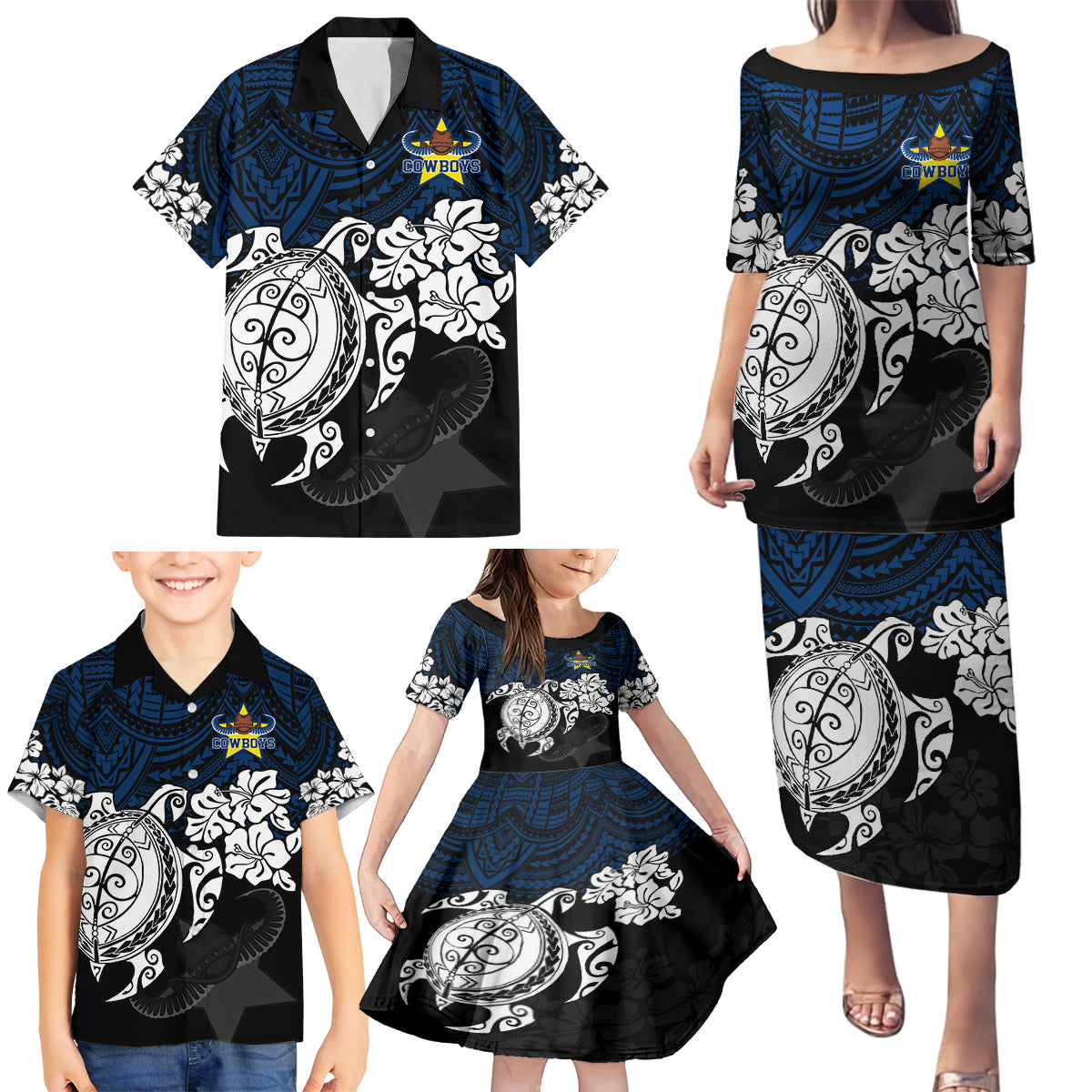 custom-cowboys-rugby-family-matching-puletasi-dress-and-hawaiian-shirt-hibiscus-and-turtle-with-polynesian-pattern