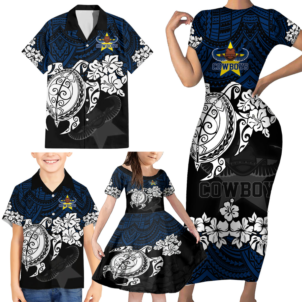 custom-cowboys-rugby-family-matching-short-sleeve-bodycon-dress-and-hawaiian-shirt-hibiscus-and-turtle-with-polynesian-pattern