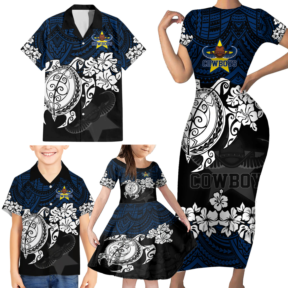 custom-cowboys-rugby-family-matching-short-sleeve-bodycon-dress-and-hawaiian-shirt-hibiscus-and-turtle-with-polynesian-pattern