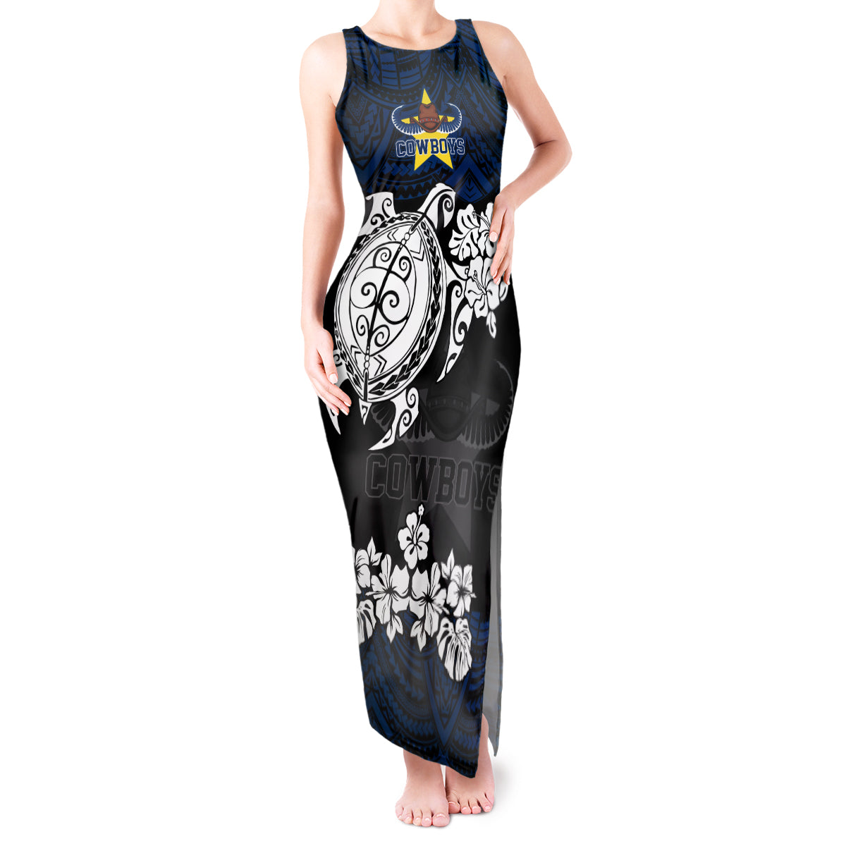 custom-cowboys-rugby-tank-maxi-dress-hibiscus-and-turtle-with-polynesian-pattern