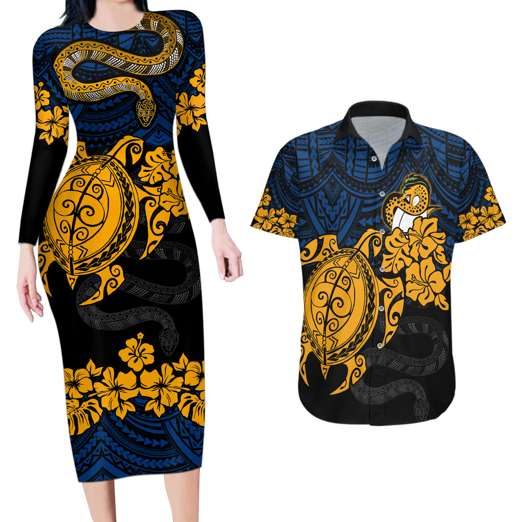 custom-parra-eels-rugby-couples-matching-long-sleeve-bodycon-dress-and-hawaiian-shirt-hibiscus-and-turtle-with-polynesian-pattern