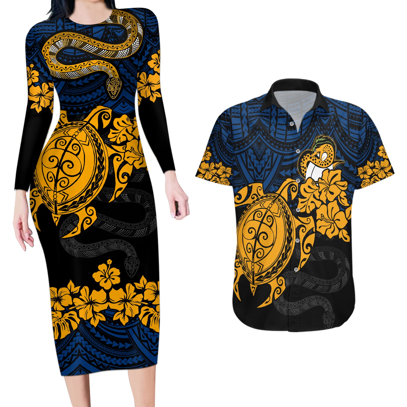 custom-parra-eels-rugby-couples-matching-long-sleeve-bodycon-dress-and-hawaiian-shirt-hibiscus-and-turtle-with-polynesian-pattern