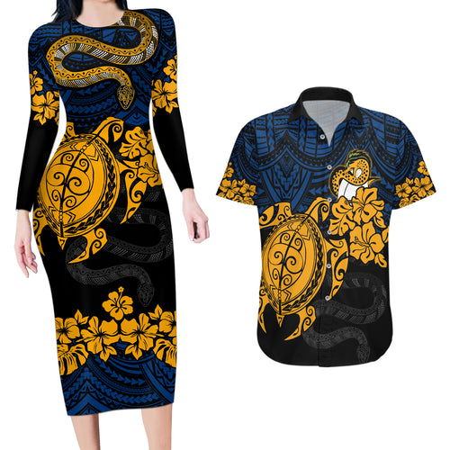 custom-parra-eels-rugby-couples-matching-long-sleeve-bodycon-dress-and-hawaiian-shirt-hibiscus-and-turtle-with-polynesian-pattern