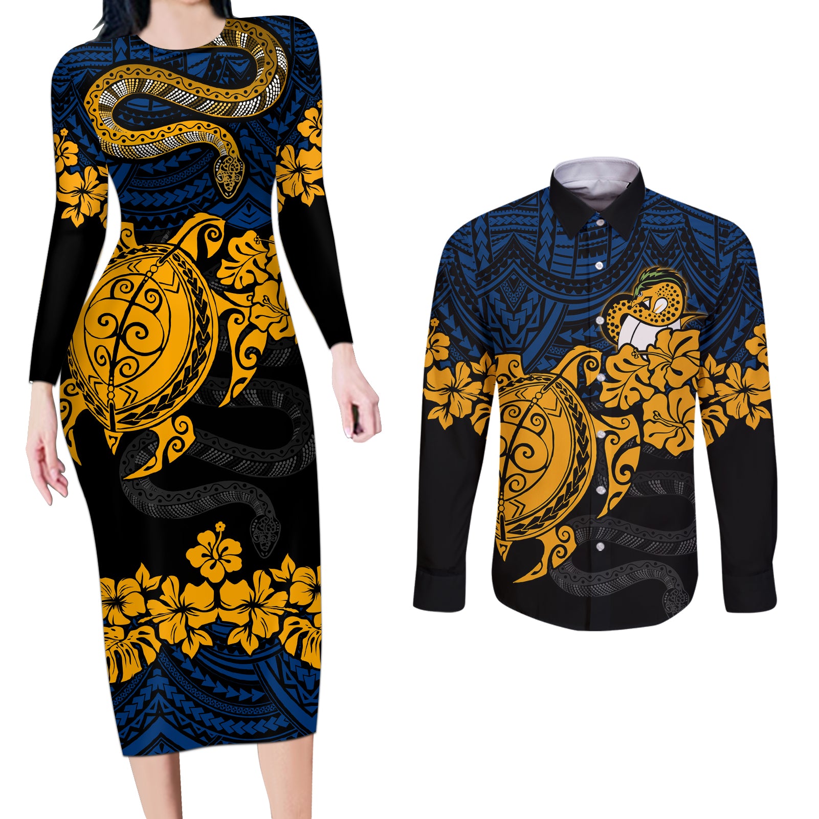 custom-parra-eels-rugby-couples-matching-long-sleeve-bodycon-dress-and-long-sleeve-button-shirt-hibiscus-and-turtle-with-polynesian-pattern