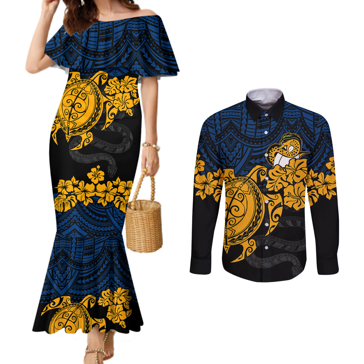 custom-parra-eels-rugby-couples-matching-mermaid-dress-and-long-sleeve-button-shirt-hibiscus-and-turtle-with-polynesian-pattern