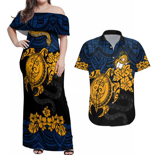 custom-parra-eels-rugby-couples-matching-off-shoulder-maxi-dress-and-hawaiian-shirt-hibiscus-and-turtle-with-polynesian-pattern