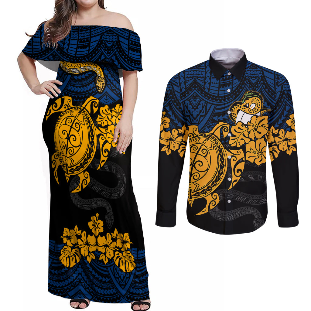 custom-parra-eels-rugby-couples-matching-off-shoulder-maxi-dress-and-long-sleeve-button-shirt-hibiscus-and-turtle-with-polynesian-pattern