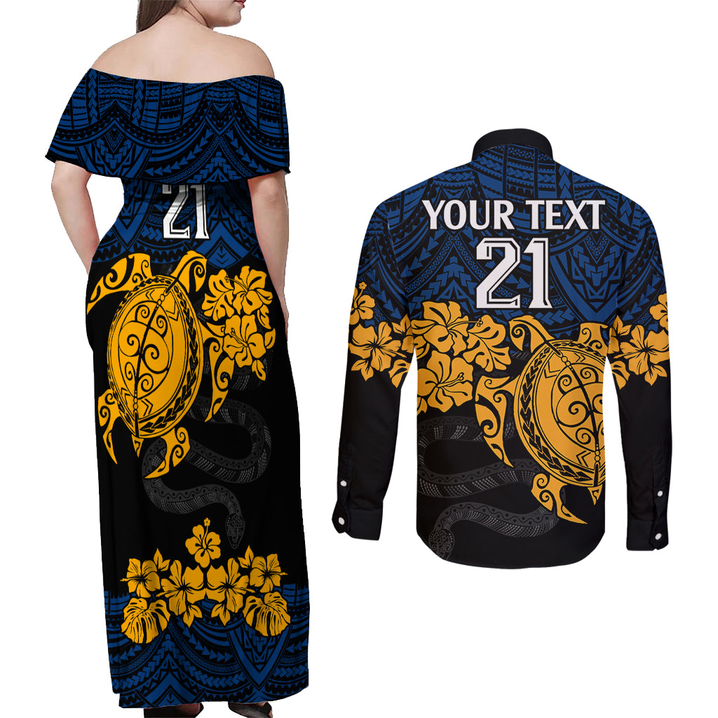 custom-parra-eels-rugby-couples-matching-off-shoulder-maxi-dress-and-long-sleeve-button-shirt-hibiscus-and-turtle-with-polynesian-pattern