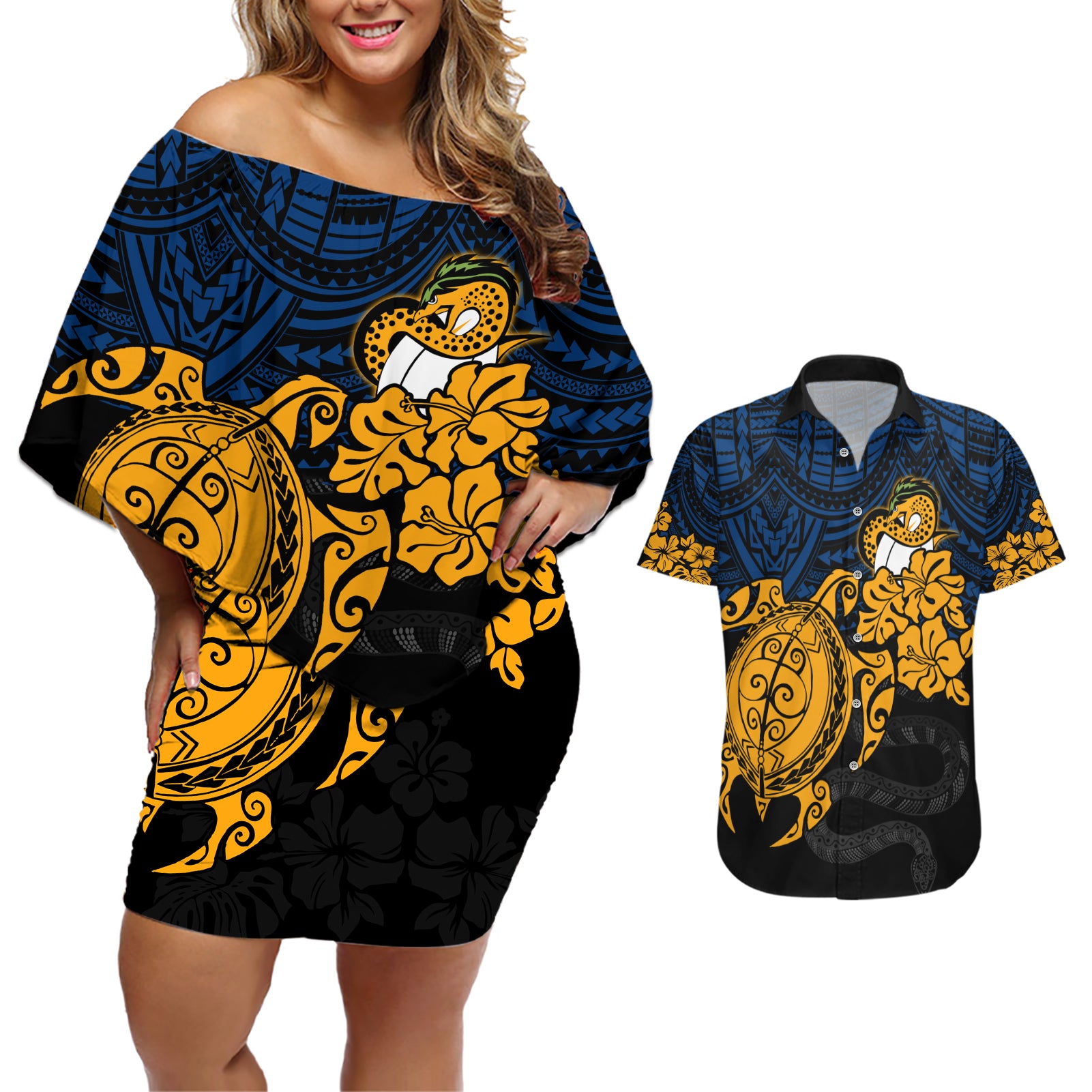 custom-parra-eels-rugby-couples-matching-off-shoulder-short-dress-and-hawaiian-shirt-hibiscus-and-turtle-with-polynesian-pattern