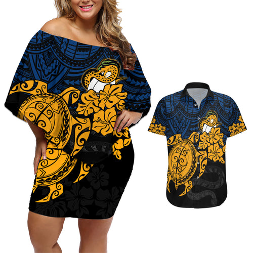 custom-parra-eels-rugby-couples-matching-off-shoulder-short-dress-and-hawaiian-shirt-hibiscus-and-turtle-with-polynesian-pattern