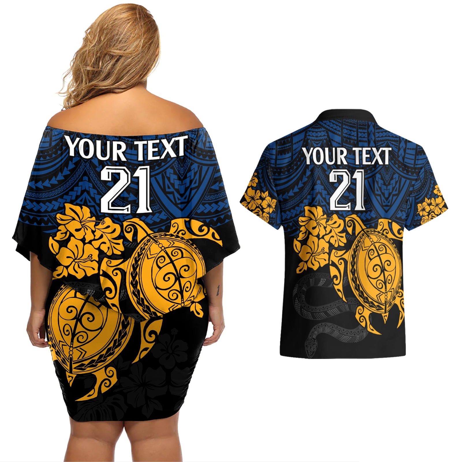 custom-parra-eels-rugby-couples-matching-off-shoulder-short-dress-and-hawaiian-shirt-hibiscus-and-turtle-with-polynesian-pattern