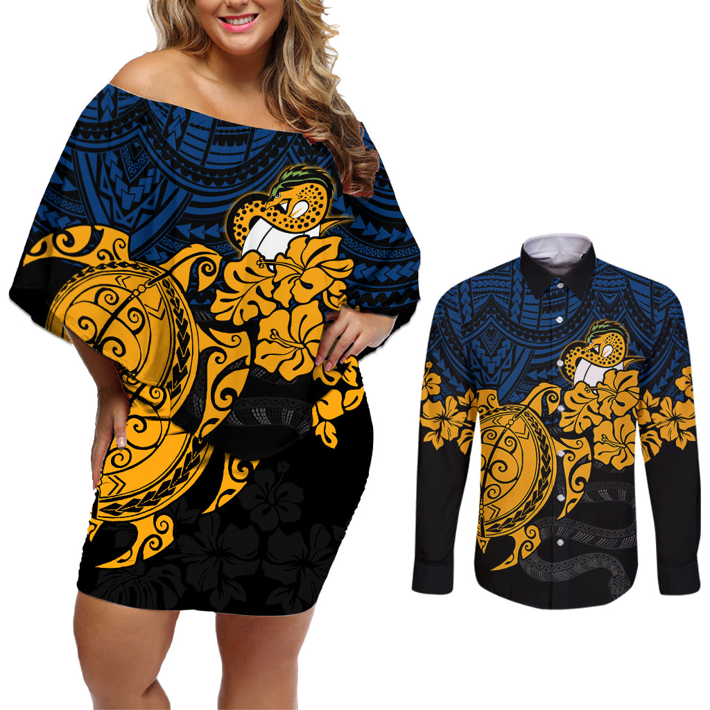 custom-parra-eels-rugby-couples-matching-off-shoulder-short-dress-and-long-sleeve-button-shirt-hibiscus-and-turtle-with-polynesian-pattern