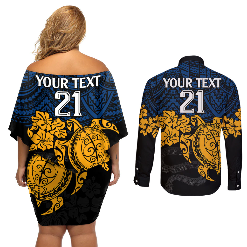 custom-parra-eels-rugby-couples-matching-off-shoulder-short-dress-and-long-sleeve-button-shirt-hibiscus-and-turtle-with-polynesian-pattern
