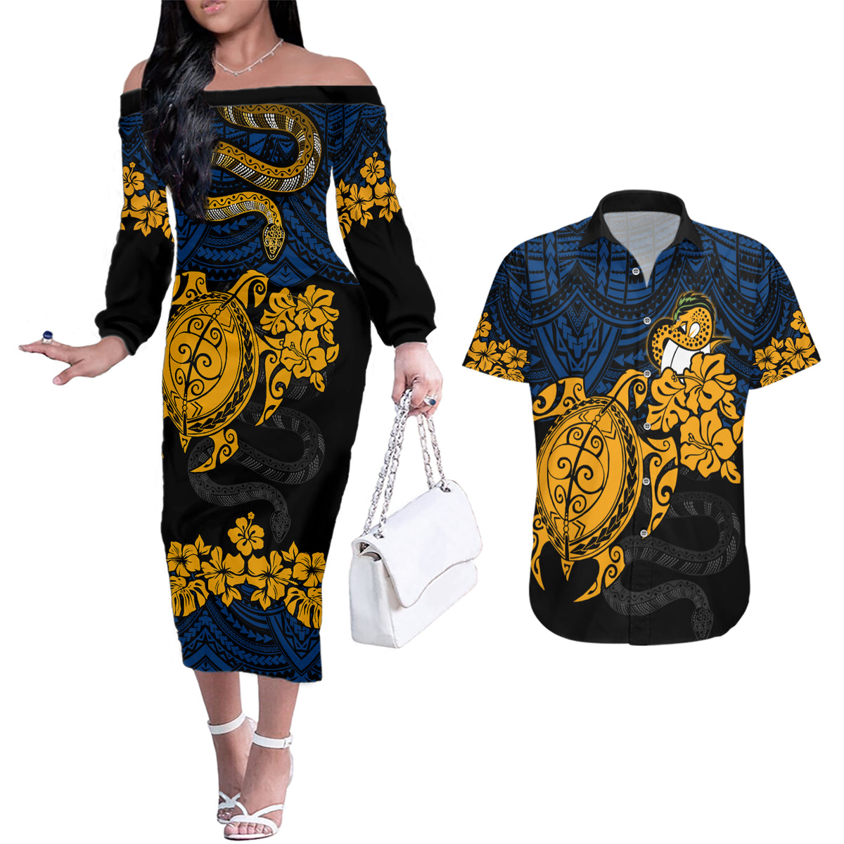 custom-parra-eels-rugby-couples-matching-off-the-shoulder-long-sleeve-dress-and-hawaiian-shirt-hibiscus-and-turtle-with-polynesian-pattern
