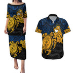 custom-parra-eels-rugby-couples-matching-puletasi-dress-and-hawaiian-shirt-hibiscus-and-turtle-with-polynesian-pattern