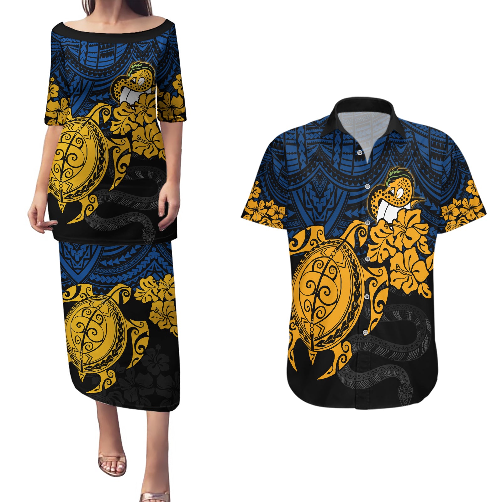 custom-parra-eels-rugby-couples-matching-puletasi-dress-and-hawaiian-shirt-hibiscus-and-turtle-with-polynesian-pattern