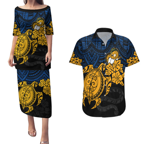 custom-parra-eels-rugby-couples-matching-puletasi-dress-and-hawaiian-shirt-hibiscus-and-turtle-with-polynesian-pattern