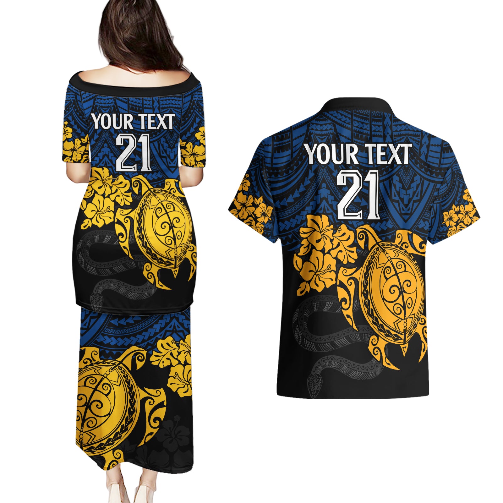 custom-parra-eels-rugby-couples-matching-puletasi-dress-and-hawaiian-shirt-hibiscus-and-turtle-with-polynesian-pattern