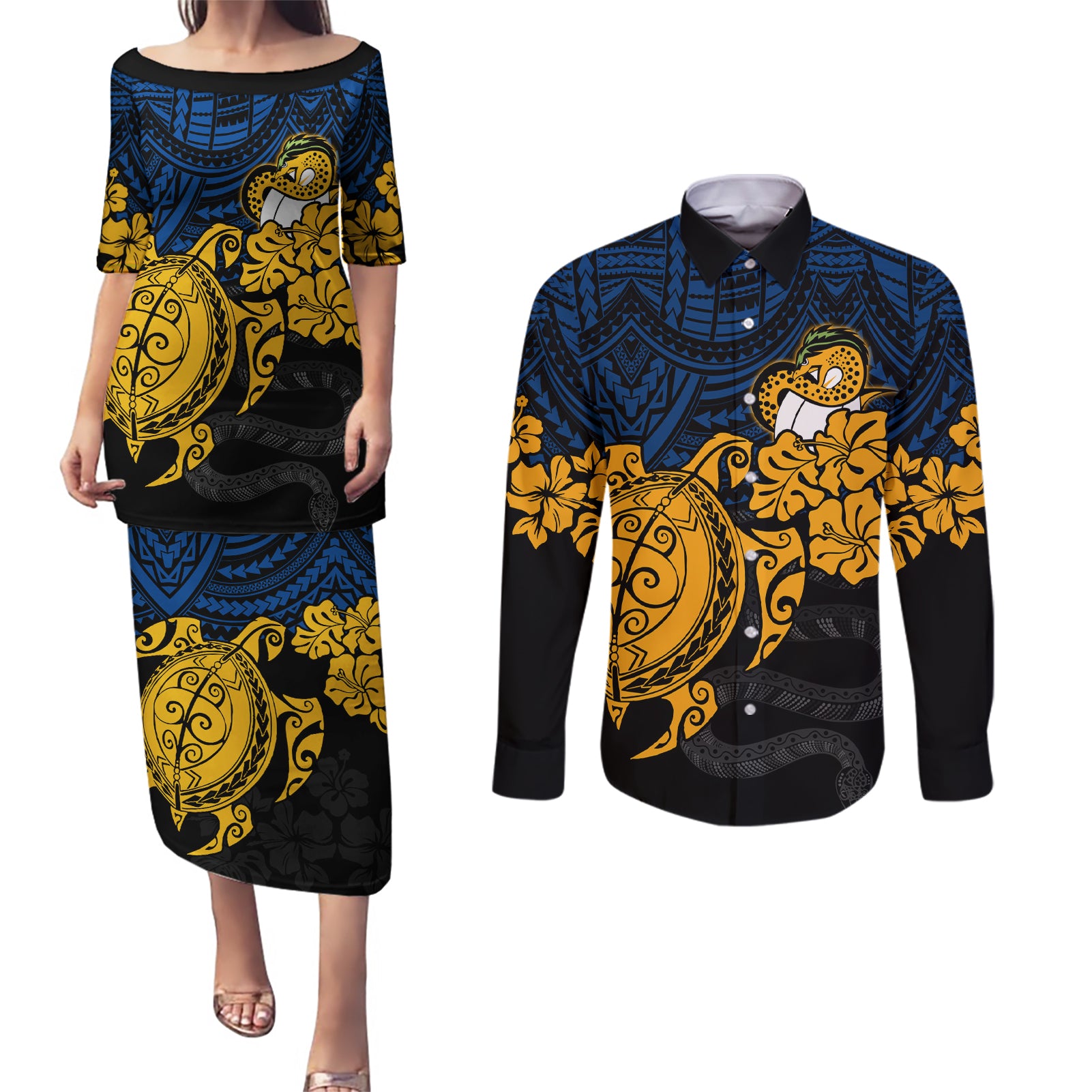 custom-parra-eels-rugby-couples-matching-puletasi-dress-and-long-sleeve-button-shirt-hibiscus-and-turtle-with-polynesian-pattern