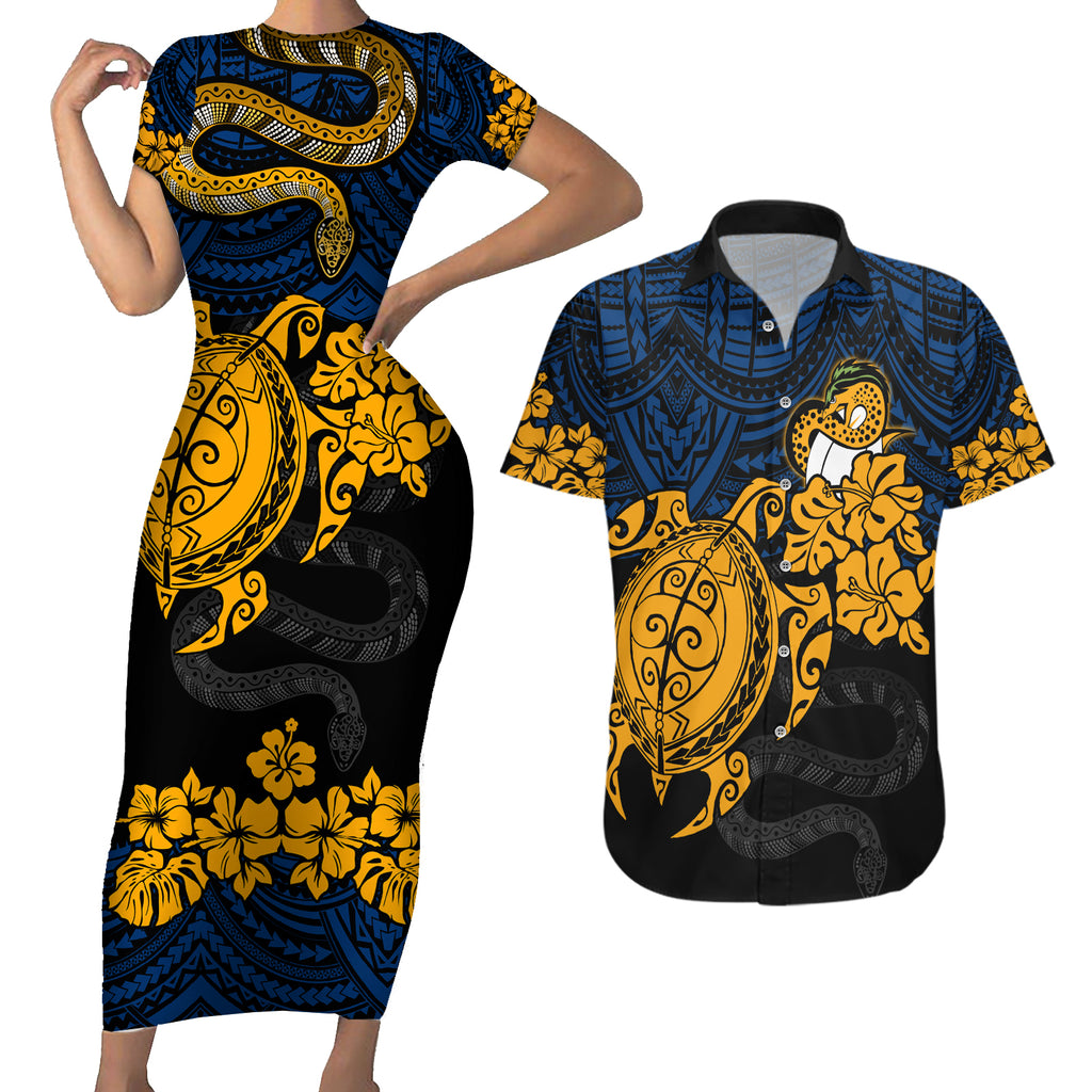 custom-parra-eels-rugby-couples-matching-short-sleeve-bodycon-dress-and-hawaiian-shirt-hibiscus-and-turtle-with-polynesian-pattern