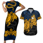 custom-parra-eels-rugby-couples-matching-short-sleeve-bodycon-dress-and-hawaiian-shirt-hibiscus-and-turtle-with-polynesian-pattern