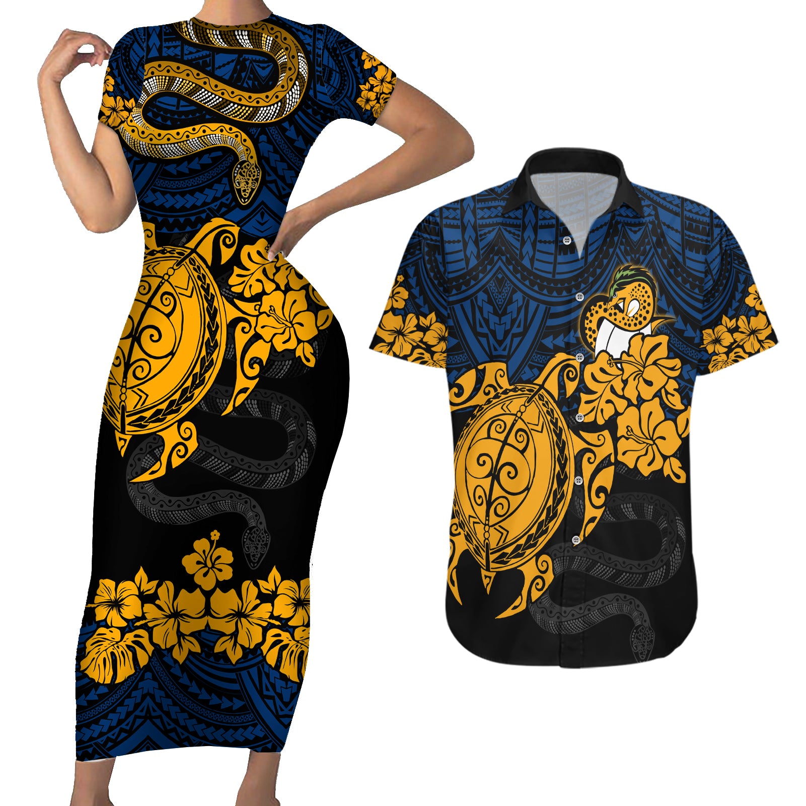custom-parra-eels-rugby-couples-matching-short-sleeve-bodycon-dress-and-hawaiian-shirt-hibiscus-and-turtle-with-polynesian-pattern