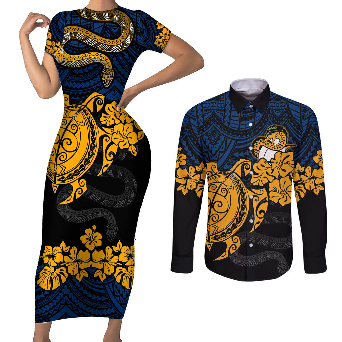custom-parra-eels-rugby-couples-matching-short-sleeve-bodycon-dress-and-long-sleeve-button-shirt-hibiscus-and-turtle-with-polynesian-pattern