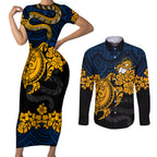 custom-parra-eels-rugby-couples-matching-short-sleeve-bodycon-dress-and-long-sleeve-button-shirt-hibiscus-and-turtle-with-polynesian-pattern