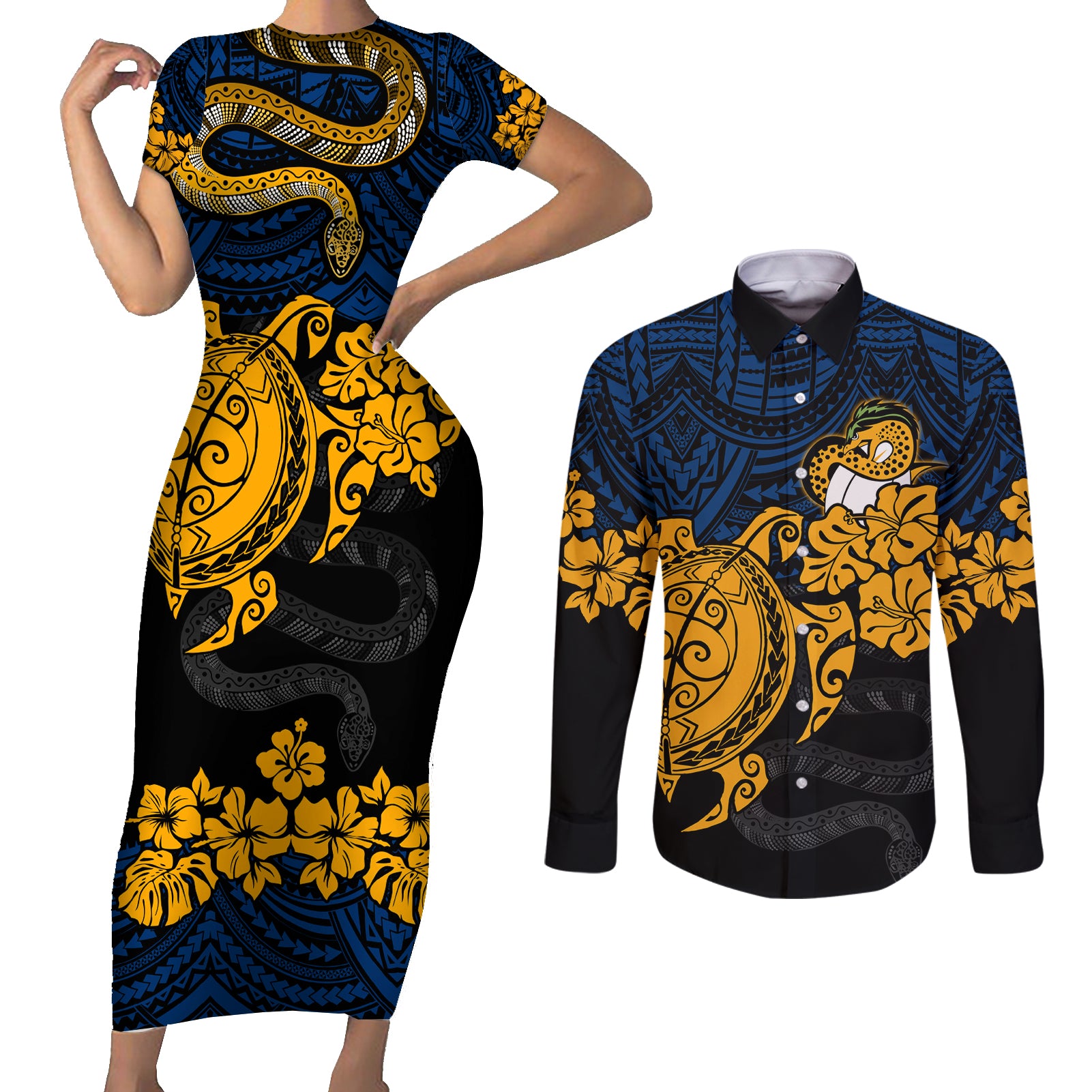 custom-parra-eels-rugby-couples-matching-short-sleeve-bodycon-dress-and-long-sleeve-button-shirt-hibiscus-and-turtle-with-polynesian-pattern