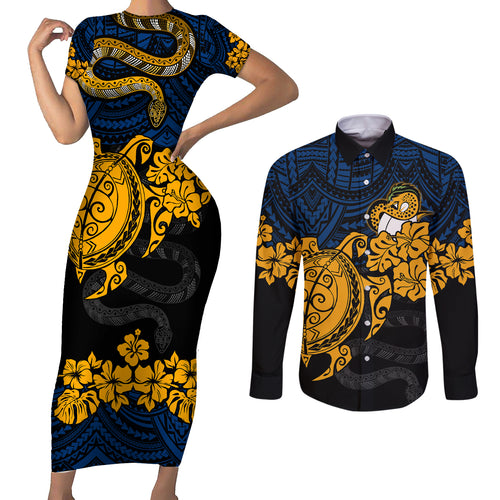 custom-parra-eels-rugby-couples-matching-short-sleeve-bodycon-dress-and-long-sleeve-button-shirt-hibiscus-and-turtle-with-polynesian-pattern