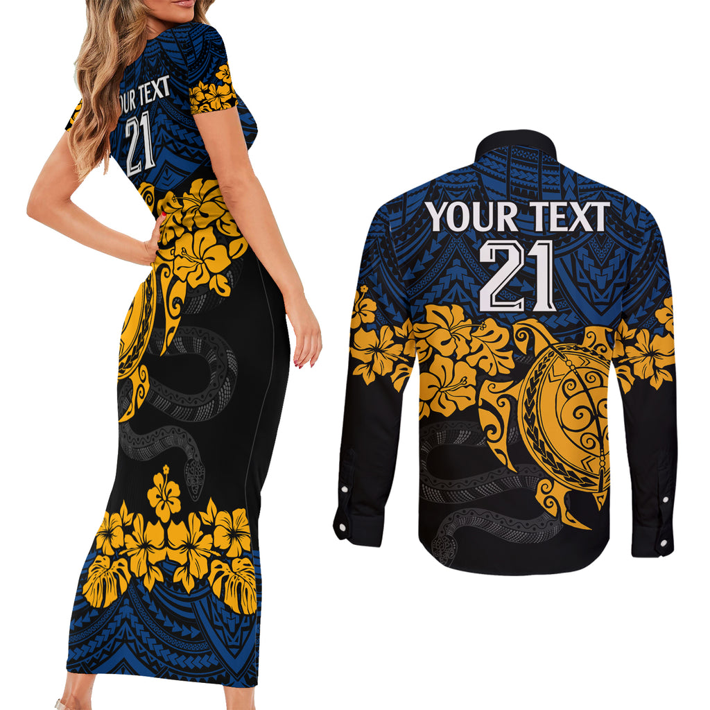 custom-parra-eels-rugby-couples-matching-short-sleeve-bodycon-dress-and-long-sleeve-button-shirt-hibiscus-and-turtle-with-polynesian-pattern