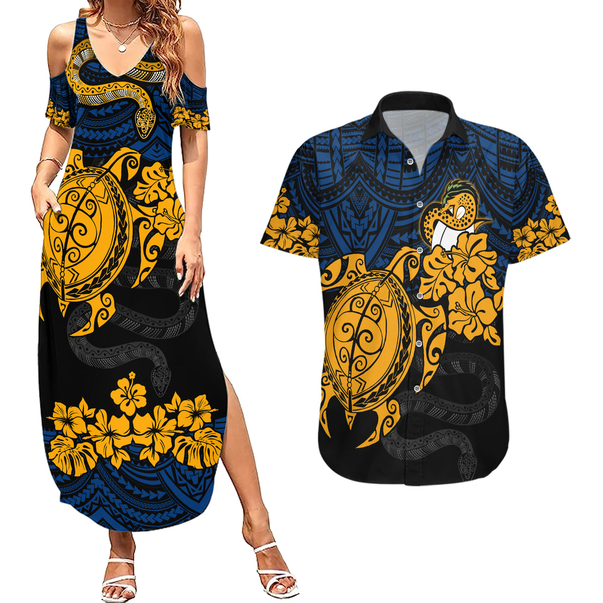 custom-parra-eels-rugby-couples-matching-summer-maxi-dress-and-hawaiian-shirt-hibiscus-and-turtle-with-polynesian-pattern