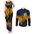 custom-parra-eels-rugby-couples-matching-tank-maxi-dress-and-long-sleeve-button-shirt-hibiscus-and-turtle-with-polynesian-pattern